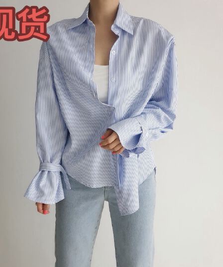 chic 한국 프랑스식 이른 봄 다용도 미니멀리즘 디자인 센스 작은 대중 핀 스트라이프 루즈핏 긴팔 셔츠 여성 셔츠