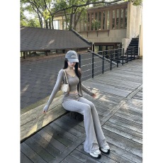 批发三件套女2025秋季新款纯欲慵懒风修身针织开衫吊带背心高腰微喇裤