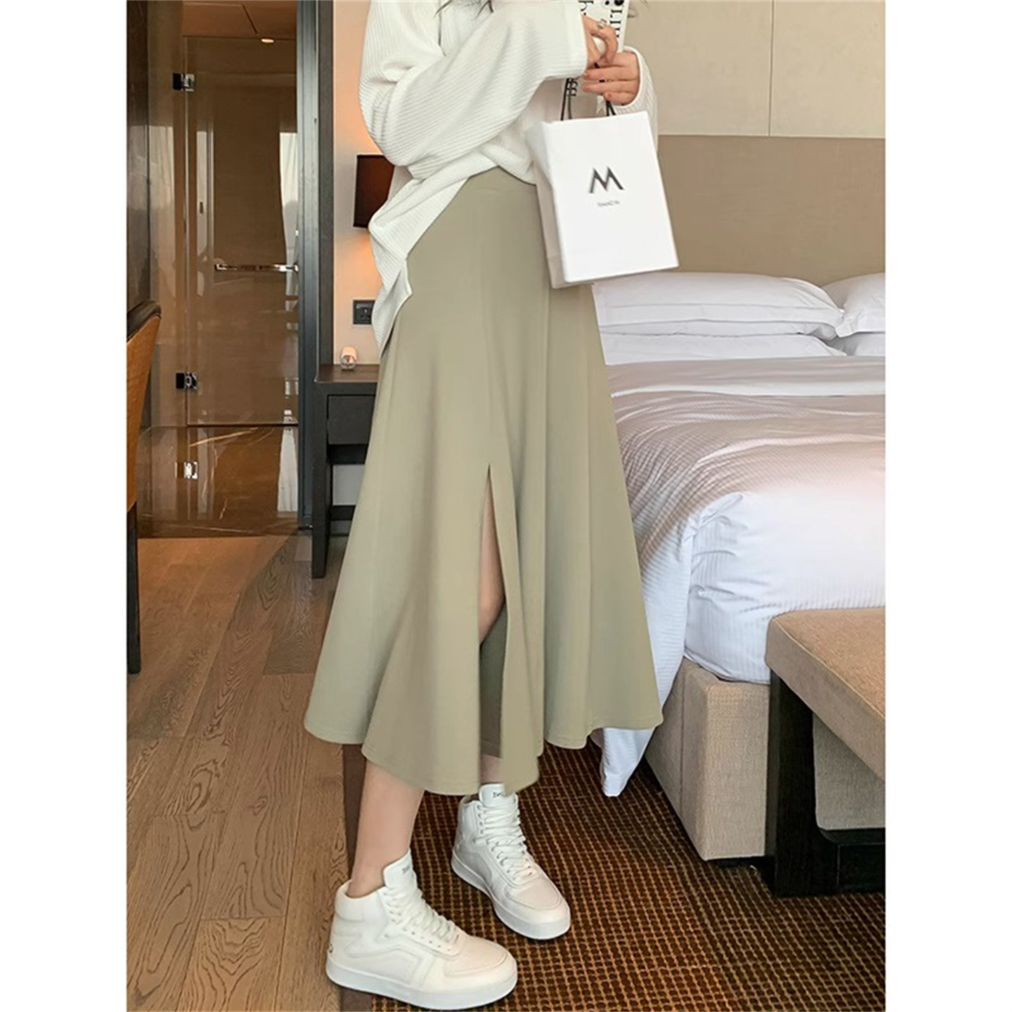 FA34992# 灰绿色半身裙女春秋高腰显瘦a字裙设计感小众高级感气质开叉半裙 服裝批發女裝批發服飾貨源