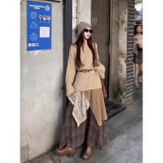 批发复古套装设计感<b class='q'>不规则</b>长袖露肩针织衫上衣女秋季高腰<b class='q'>半身裙</b>两件套