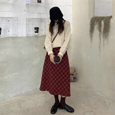 批发春秋2025新高腰中长款半身裙女加厚羊毛呢裙<b class='q'>百搭</b>红色格子A字裙ins