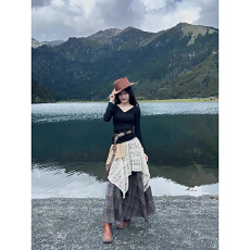 批发森系不规则拼接半身裙女秋日系复古格子撞色高腰显瘦a字蕾丝<b class='q'>长</b><b class='q'>裙</b>