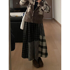 批发有货日系撞色拼接格子半身<b class='q'>裙</b>女秋冬2025新款<b class='q'>伞</b><b class='q'>裙</b>高腰遮胯a字<b class='q'>裙</b>