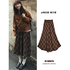 批发美拉德棕色半身裙女秋冬2025新款高腰a字中<b class='q'>长</b>款复古毛呢格子裙