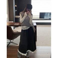 批发设计感拼接花边裙摆毛呢半身裙女<b class='q'>秋</b>冬新款高腰A字裙中长款伞裙子