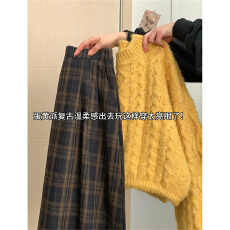 批发复古格纹毛呢半身裙女2025冬季高腰<b class='q'>长</b>款格子黄色套头毛衣两件套装