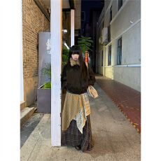 批发复古咖啡色不规则格子a字半身裙子女<b class='q'>秋</b>冬2025新款大摆a字长裙子