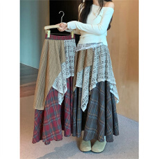 批发不规则设计拼接格纹半身裙女<b class='q'>秋</b>冬2025年新款法式复古高腰A字长裙