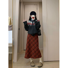 批发红色复古毛呢格子半身裙女秋冬格纹a字半裙高腰遮胯中长款<b class='q'>包臀</b>裙