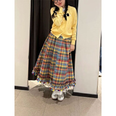 批发美式<b class='q'>复古</b>圣诞年味彩色格纹可爱半身裙A字裙女秋冬蕾丝拼接裙子ins