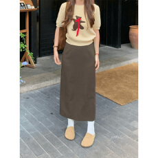 批发咖色毛呢半身裙女秋冬2025新款直筒后开叉包臀裙中<b class='q'>长款</b>a字裙