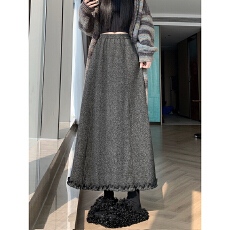 批发深灰色加绒加厚毛呢<b class='q'>半身裙</b><b class='q'>女</b>秋冬高腰显瘦木耳边a字伞裙大摆长<b class='q'>裙</b>