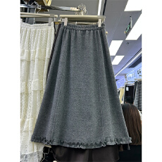 批发韩系加绒羊绒半身裙女2025秋冬新款木耳花边拼接中<b class='q'>长款</b>A字裙