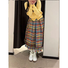 批发美式复古圣诞年味彩色格纹可爱<b class='q'>半身裙</b>A字裙女秋冬<b class='q'>蕾丝</b>拼接裙子ins