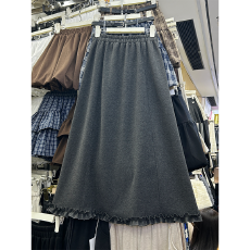 批发毛呢加绒设计感木耳边<b class='q'>半身裙</b><b class='q'>女</b>秋季2025新款高腰休闲垂感A字长<b class='q'>裙</b>