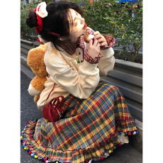 批发复古节日感甜系彩虹小糖豆格纹毛呢半身长裙女秋冬蕾丝拼接蝴蝶结