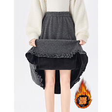 批发加绒加厚灰色毛呢半身裙女秋冬季新款松紧高腰休闲木耳边a字长裙