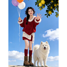 批发韩里韩气穿搭设计感新年红色毛衣显瘦叠穿蕾丝屁帘半身裙两件套装