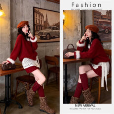 批发春季过年洋气花朵针织毛衣上衣女设计感高腰屁帘半身短裙两件套装