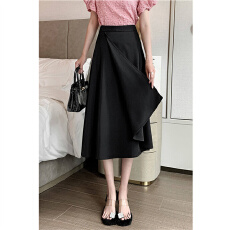 批发量大价优  垂坠感中长款<b class='q'>半身裙</b>女春夏高腰不规则设计感黑色A字裙