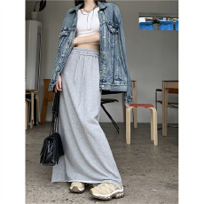 批发灰色抽绳百搭直筒<b class='q'>半身裙</b>女装春夏高腰显瘦大摆裙子松紧腰a字<b class='q'>长裙</b>