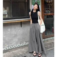 批发黑色无袖背心格子阔腿裙裤上衣两件套夏季<b class='q'>时尚</b>复古通勤休闲套装女