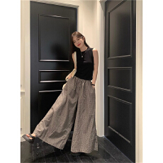 批发黑色无袖背心格子阔腿裙<b class='q'>裤</b>上衣两件套夏季<b class='q'>时尚</b>复古通勤休闲套<b class='q'>装</b>女