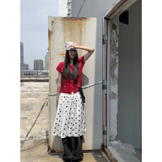 批发法式复古黑白波点松紧腰<b class='q'>半身</b>裙女夏季休闲百搭简约气质百褶中长裙