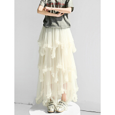 批发木耳边网纱<b class='q'>半身裙</b>女春秋季新款高腰显瘦不规则拼接<b class='q'>长裙</b>休闲a字裙