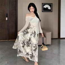 批发<b class='q'>复古</b>水墨画竹叶印花半身裙女春夏款大摆气质高腰垂感a字长裙