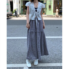 批发日系格子木耳边拼接<b class='q'>长裙</b><b class='q'>半身裙</b>夏季新款中长款<b class='q'>半身裙</b>