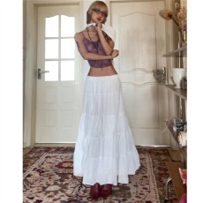 批发法式<b class='q'>复古</b>白色蛋糕裙半身裙女温柔气质百搭高腰显瘦松紧腰a字长裙