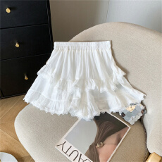 批发芭蕾风黑色蕾丝拼接半身裙女夏款松紧腰a字百褶裙带内衬蓬蓬<b class='q'>短裙</b>