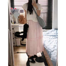 批发温柔韩系氛围感甜美少女粉色波点蛋糕长裙春夏松紧腰雪纺半身裙女