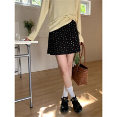批发复古小碎花裙子高腰黑色半身裙女<b class='q'>春</b>夏设计感小众A字裙华夫格短裙