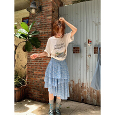 批发韩系夏日蓝色A字半身裙女<b class='q'>碎花</b>不规则百搭显瘦中长裙