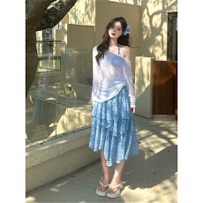 批发韩系ins蓝色碎花蛋糕半身裙女高腰A字不规则度假中裙子