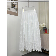 批发法式温柔风刺绣立体花朵半身裙女夏季2026高腰A字褶皱宽松大摆裙