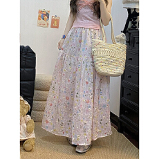 批发时尚提花刺绣碎花半身裙女春夏新款韩版高腰拼接A字裙中长大摆裙