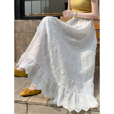 批发重工立体花朵<b class='q'>白色</b>半身裙韩系刺绣小花棉质A字裙高腰显瘦大摆<b class='q'>长裙</b>