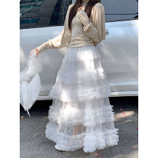 批发木耳边法式杏色半身裙女春夏甜美蛋糕裙百搭高腰网纱裙子a字长裙