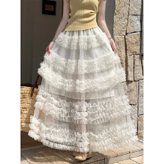 批发杏色中长款木耳边<b class='q'>网纱</b>蛋糕<b class='q'>裙</b>女夏季法式蓬蓬<b class='q'>裙</b>独特绝美仙女半身<b class='q'>裙</b>