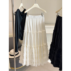 批发甜美<b class='q'>白色</b>木耳花边拼接蛋糕裙女夏季松紧腰遮胯显瘦半身裙气质<b class='q'>长裙</b>