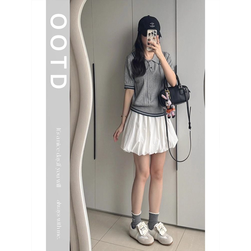 한 부서 학원 스타일 배색 POLO 칼라 스트라이프 니트 반팔 여성 화이트 미니 스커트 투피스 세트