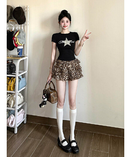 아메리칸 레트로 레오파드 무늬 프릴 반신 스커트 여성 여름 작은 키 하이웨이스트 한 마디 커피 색상 퍼프 케이크 미니 스커트