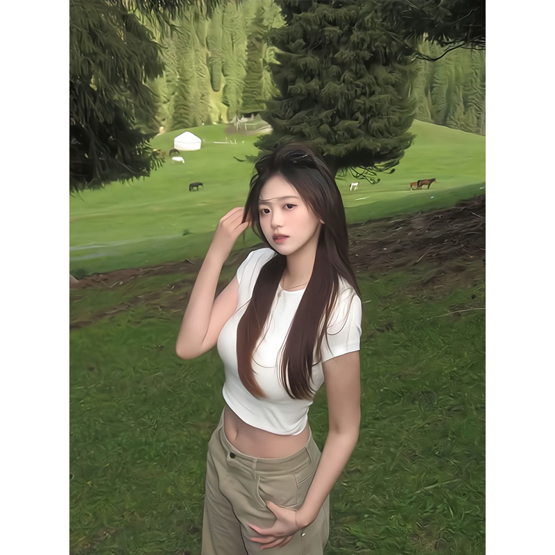 화이트 몸매 가꾸기 반팔 티셔츠 여성 여름 라운드 넥 타이트 슈퍼 잘 생긴 순수한 욕망 바람 Chic 핫걸 작은 맨위
