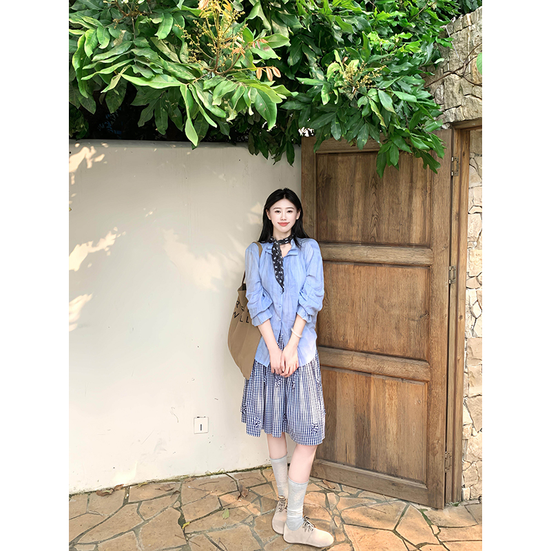 iszizii 3 차원 꽃 miu 부서 블루 화이트 체크무늬 중간 스커트 여성 여름 표지 넓적 다리 다용도 한 마디 반신 미니 스커트
