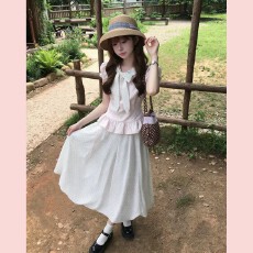 批发韩系白色波点花苞半身裙松紧腰百搭显瘦小个子中长裙