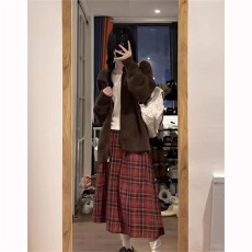 批发美式<b class='q'>复古</b>红色格子半身裙女2026秋季新款高腰显瘦中长款a字大摆裙