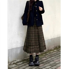 批发美式<b class='q'>复古</b>棕色格纹半身裙女秋冬季高腰A字中长裙